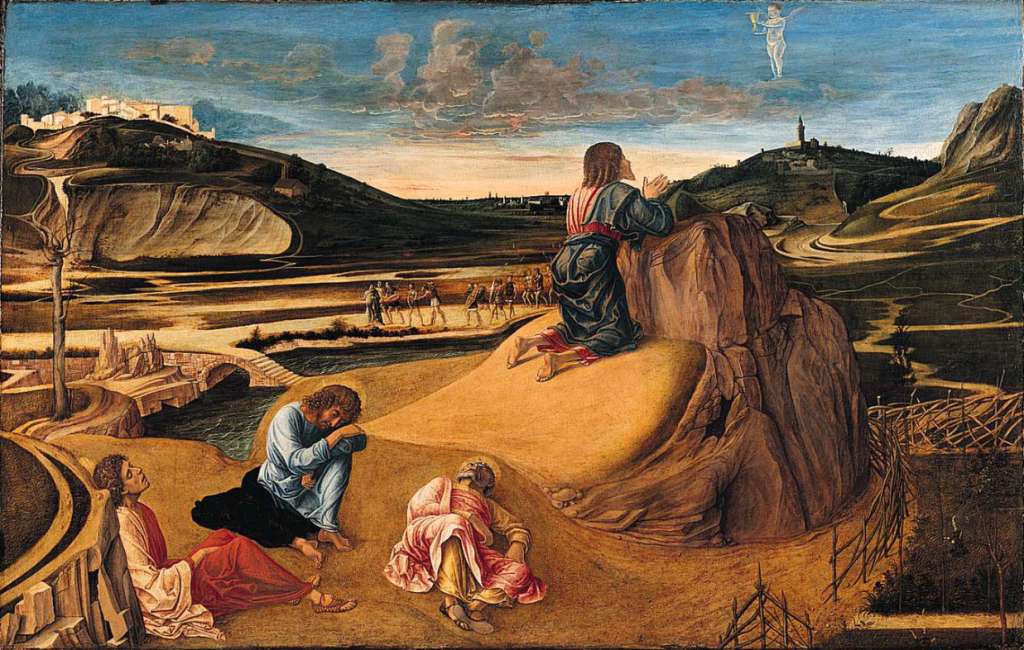 London National Gallery Next 20 03 Giovanni Bellini - The Agony in the Garden Giovanni Bellini - The Agony in the Garden, about 1465, 81 x 127 cm. Jesus prays in the Garden of Gethsemane while Peter, James and John sleep. An angel reveals a cup symbolizing his impending sacrifice. In the background, Judas approaches with the Roman soldiers who will arrest Jesus. Perhaps for the first time in Italian painting, the artist has represented a real, observed sunrise, which tints the undersides of clouds rose-orange, reflects from the walls of distant towns, glitters on armour. By specifying the time of day, the picture reminds us of Christ�s long night of agony, with its final acceptance of the Passion symbolized by the chalice held out by the angel like a priest officiating at Mass.